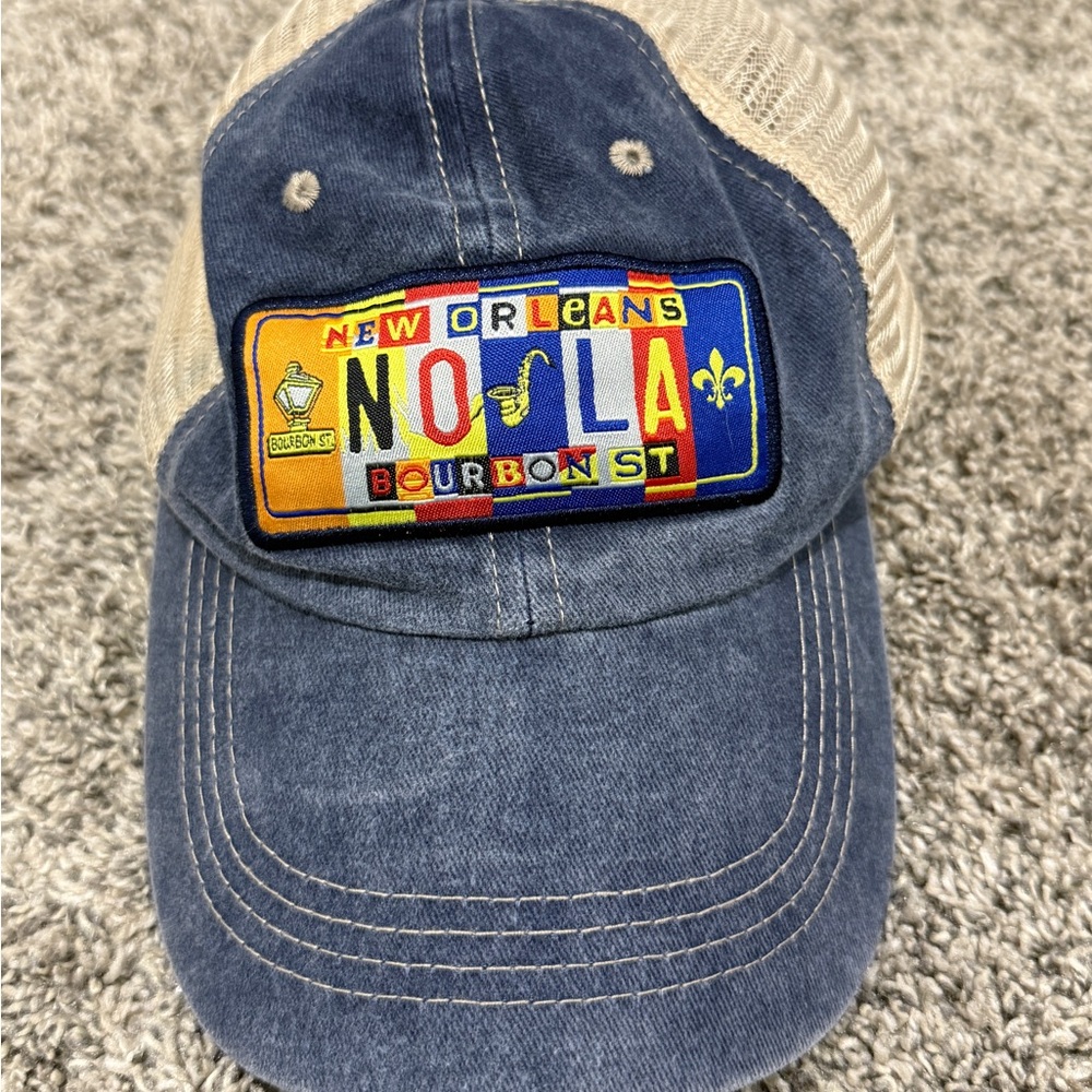 Sun Products New Orleans NOLA Bourbon‎ St Trucker Hat Navy Tan Mesh Snapback Cap